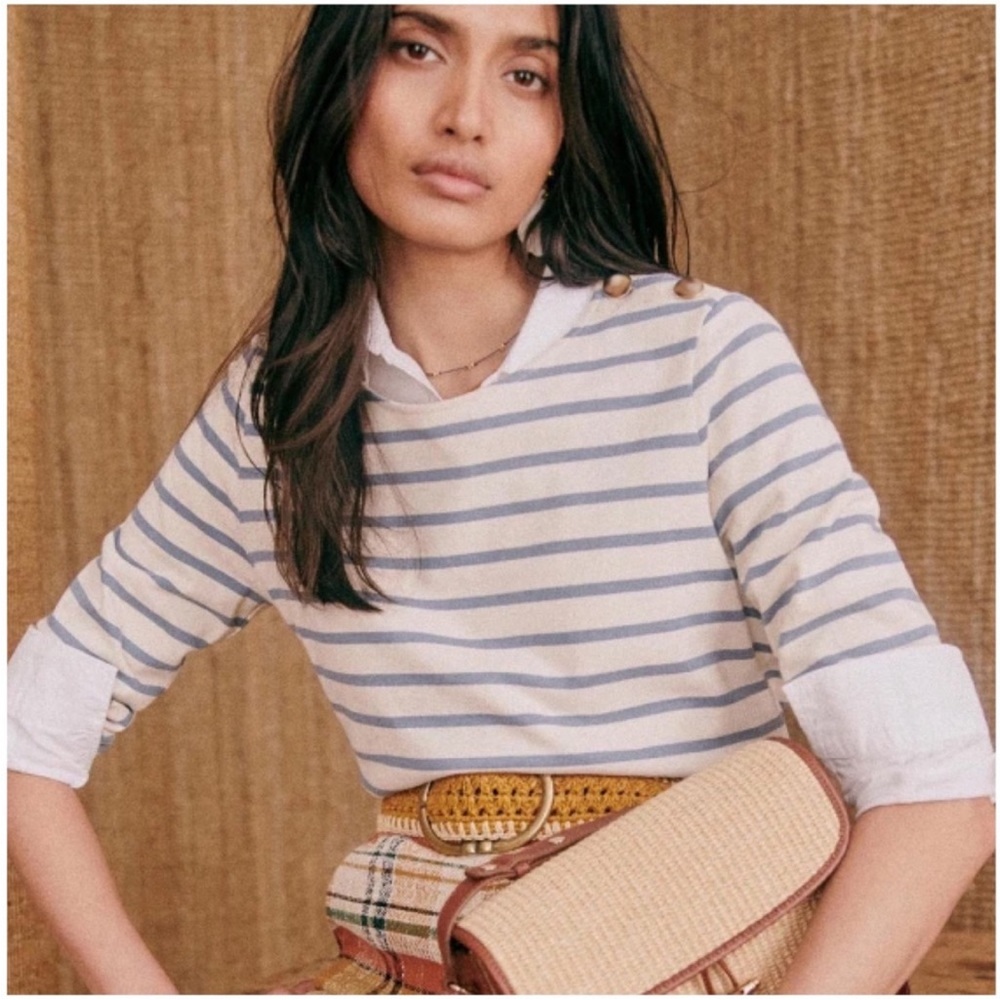 Sézane Colette Marinière Stripe Cotton Shirt in Vintage Blue Size S